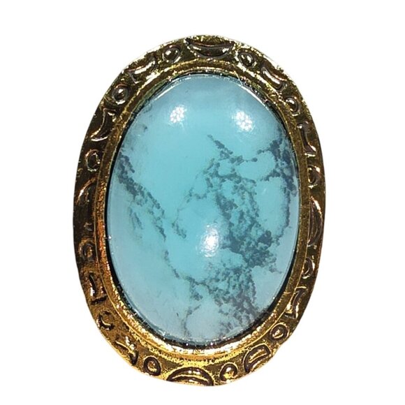 Vtg Adjustable Gold-Tone Oval Ring Faux Turquoise Stone Etched southwest - Picture 1 of 4